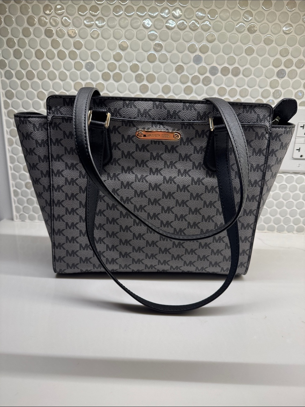 Michael Kors Gray MK Signature Tote with Black Straps